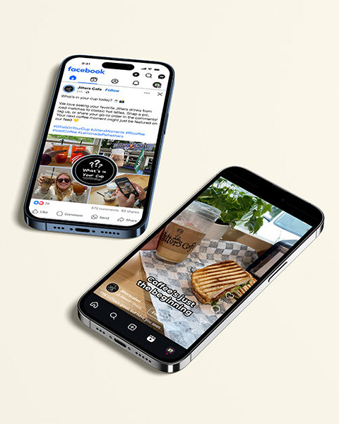 Two smart phones, showing a Facebook post and Instagram Reel for Jitters Cafe